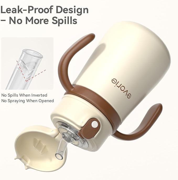 Evorie 11oz Leak Proof Vacuum Insulated Stainless Steel Sippy Cup for Toddlers (1 Pack, White) + Replacement Straw Set Bundle