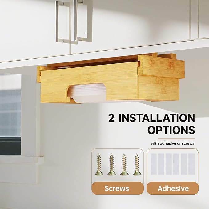 Bamboo Paper Plate Dispenser 9 inch - Wooden Paper Plate Dispenser Under Cabinet, Kitchen Countertop Vertical Plate Holder Organizer