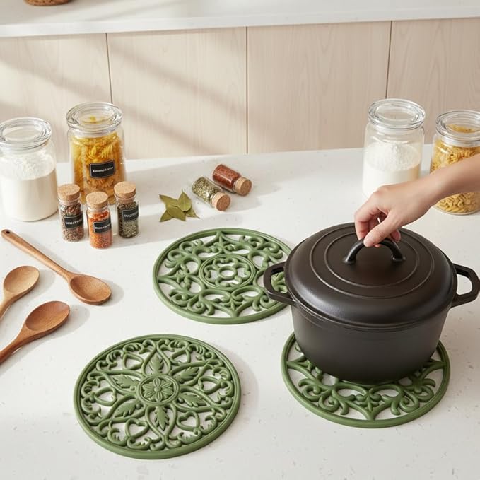 ME.FAN Trivets for Dishes/Pots/Pans, 3 Pcs Silicone Mats, Flexible/Durable/Non Slip Hot Pads to Protect Table and Counter Top (Olive Green)