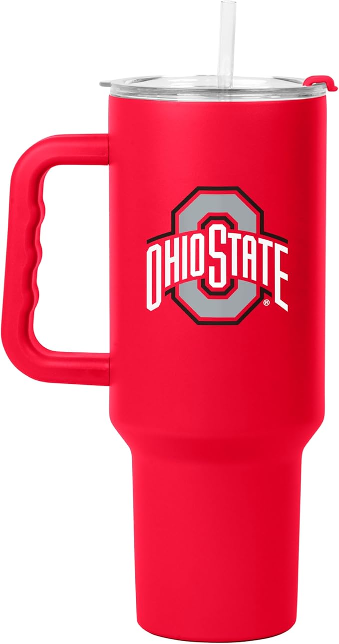 Logo Brands NCAA 40 oz Tumbler with Handle -Stainless Steel Insulated Travel Tumbler with Straw Lid – Powder Coated, Leak-Resistant, Keeps Drinks Hot/Cold – Great for Tailgating, or Everyday Use