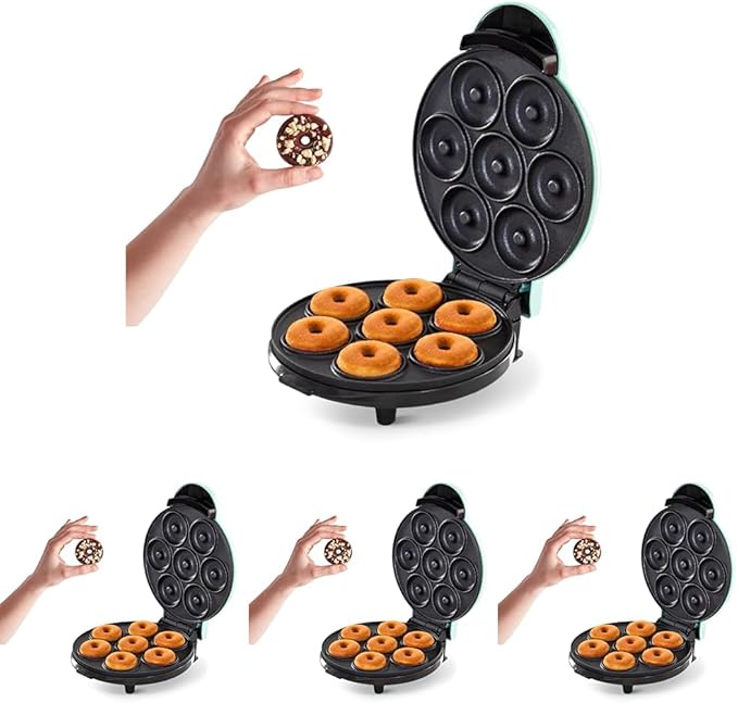 Dash Express Mini Donut Maker - Homemade Dessert Maker - Features Double-Sided,Non-Stick Surface & Space-Saving Design - Makes 7 - Aqua,(Pack of 4)