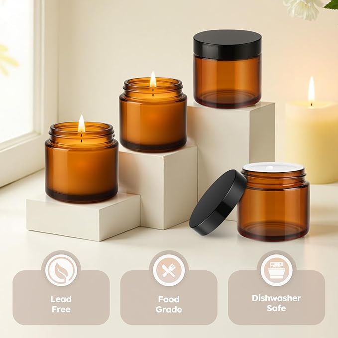 2 oz Glass Jars with Lids, 36 Pack Amber Small Glass Jars with Black Lids Leakproof Round Airtight Empty Cosmetic Travel Containers with Inner Liners For Lotions Powders and Candle Making