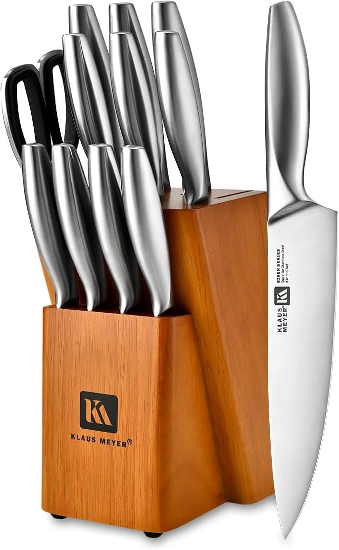 Klaus Meyer 13-Piece Kitchen Knife Set With Block, High Carbon Stainless Steel and Non-Slip Handles. Rust Proof And Dishwasher Safe Cutlery