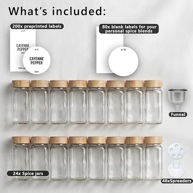Deco haus Glass Spice Jars with White Label and Bamboo Lid 24x4oz [LABELS incl] Spice Containers with Labels, Shaker Lids & Funnel - Empty Herb Seasoning Containers, Small Seasoning Bottles for Her