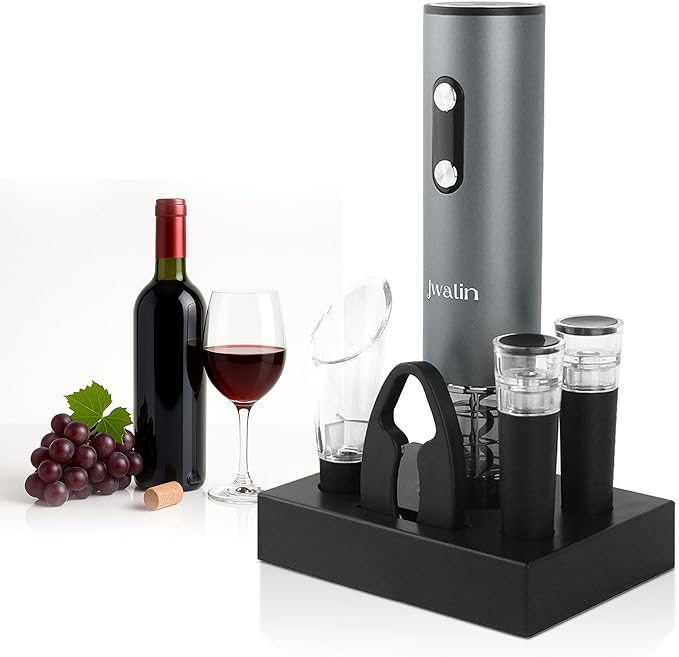 Rechargeable Electric Wine Opener Gift Set – 6-in-1 Automatic Wine Bottle Opener with Foil Cutter, Aerator Pourer, 2 Vacuum Stoppers & Base Stand – Perfect Wine Gift for Wine Lovers