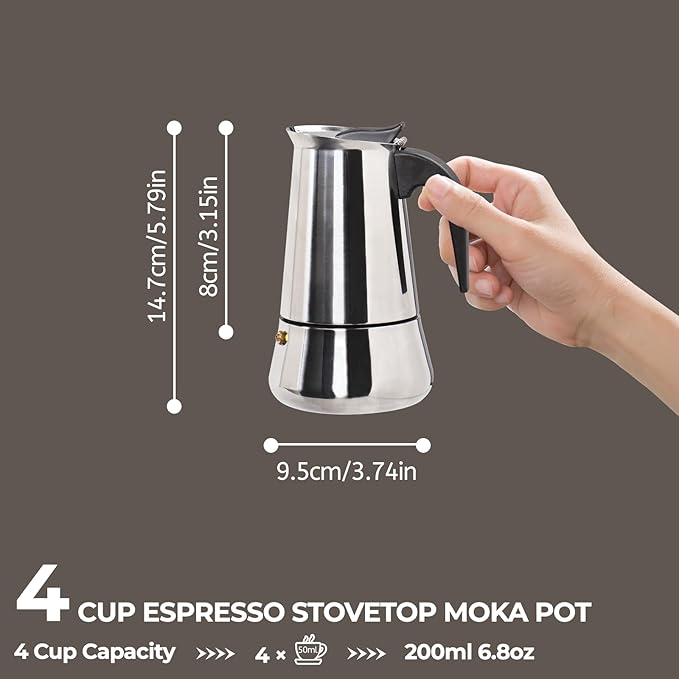 4 Cup 200ml Moka Pot Stainless Steel Espresso Coffee Maker Stovetop Coffeemaker Italian Classic Style Brewing Greca Cafe Mocha Machine for Cafeteras Lover Camping Travel and Home Use 6.6oz
