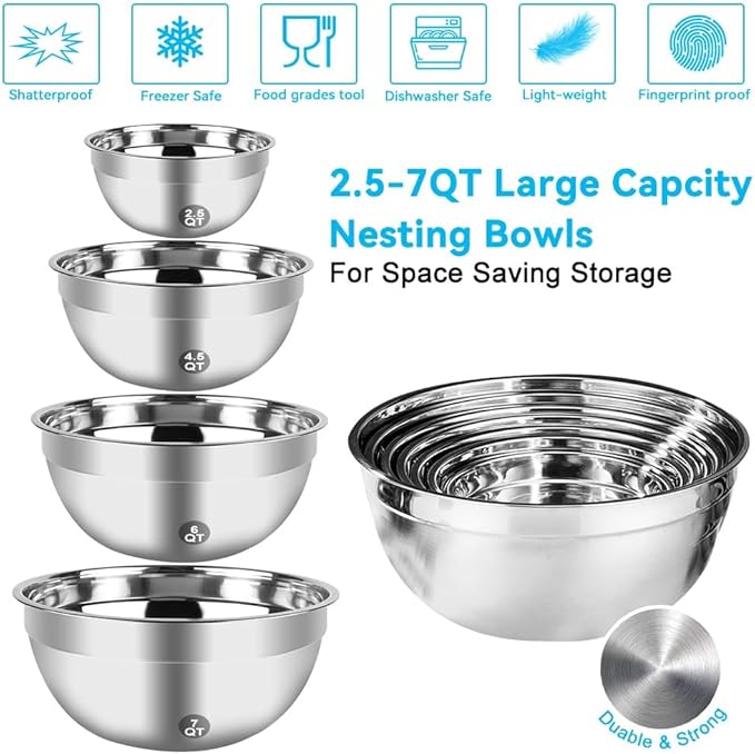 WEPSEN Hand Mixer Electric Mixing Bowls Set, 5 Speeds Handheld Mixer with 4 Nesting Stainless Steel Mixing Bowl, Measuring Cups Spoons 200W Kitchen Blender Whisk Beater Baking Supplies For Beginner