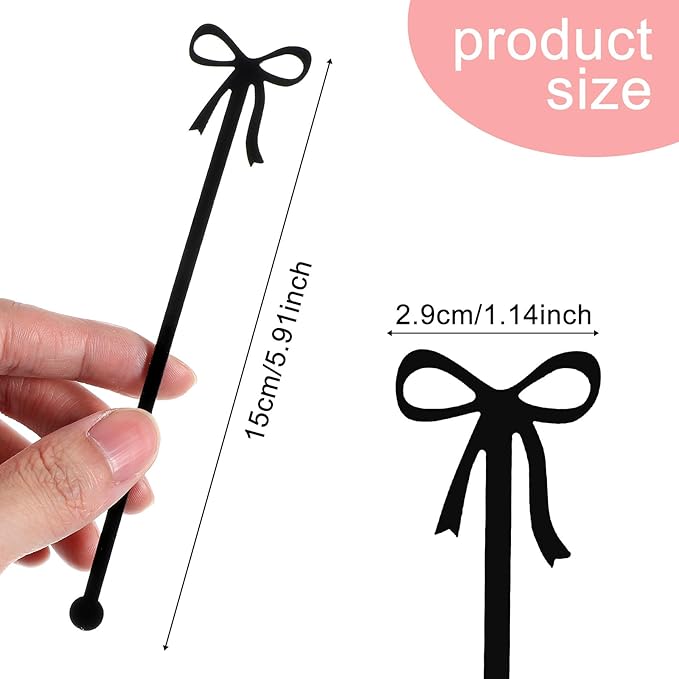 20Pcs Cocktail Stirrers, Black Bow Acrylic Drink Stirrers, 6 Inch Long Reusable Plastic Stirrer for Wedding Birthday Bridal Bachelorette Party Cocktail Cupcake Decorations Supplies