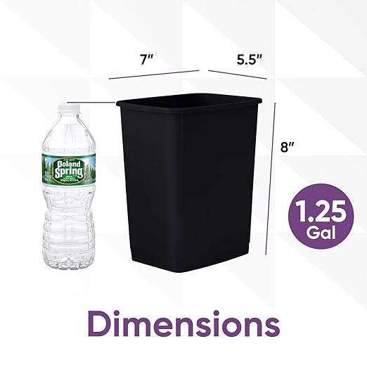 Superio 1.25 Gallon Mini Trash Can – Small Plastic Bathroom, Office, Dorm Unlidded Waste Bin Only for Desktop, Vanity, Under Sink, Cabinet, Countertop, Slim Diaper Pail (Black)