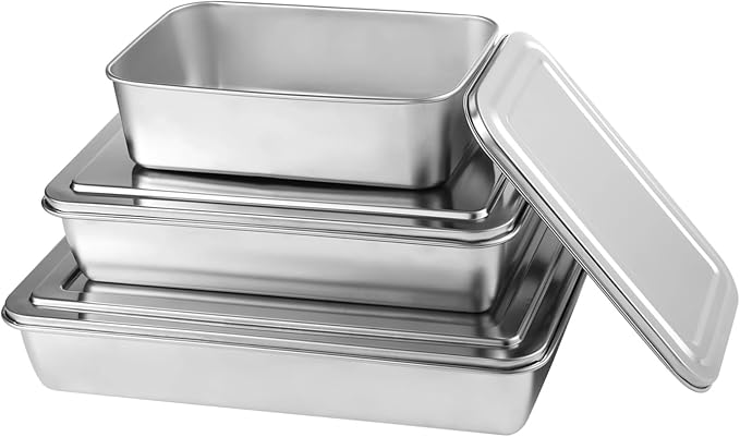 3 Pcs Stainless Steel Cake Pan with Lid, 13/11/9 Inch Cake Pans Sets for Baking, Non-Stick Bread Loaf Pans, Rectangle Baking Bakeware for Bread, Cake, Meat, Vegetables