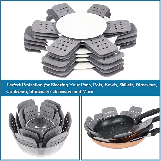 BYKITCHEN Pan Pot Protectors, Larger & Thicker Pan Protector with Stars, Set of 12 and 3 Different Sizes, Gray Pot Separator Pads for Stacking and Protecting Your Cookware