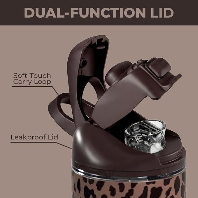 HydroJug Ease2o Water Bottle with Straw & Chug Lid, Stainless Steel, Vented Cap to Help Reduce Pressure, Water-Level Window, Cup Holder Friendly, Non-Slip Base – 24oz, Brown Leopard