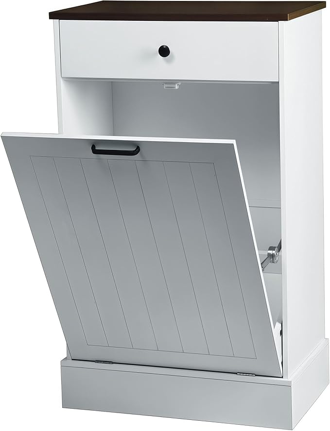 HRVEOCEI Single Tilt Out Trash Can Cabinet for 10 Gallon, Trash Can Holder Cabinet with Drawer, Farmhouse Garbage Cabinets for Kitchen Living Room, Easy to Clean (White)