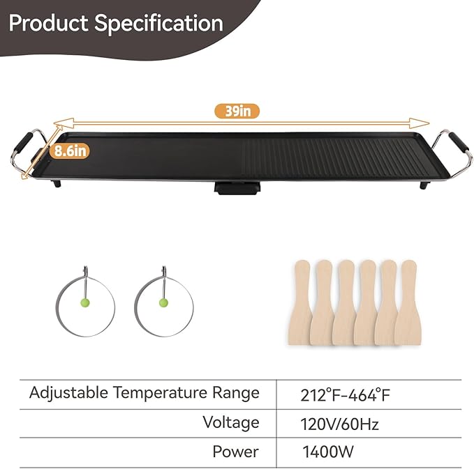39.5-Inch Electric Griddle & Teppanyaki Grill, 1400W Large Non-Stick Surface, Intelligent Temperature Control, Easy to Clean. Indoor/Outdoor Use for Pancakes, BBQ, Camping & Gatherings
