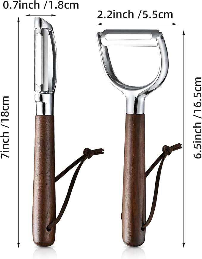 Ugotit Fruit Vegetable Peeler Set for Kitchen, Stainless Steel Potato Peelers Ultra Sharp Swivel Blade, Premium Real Wood Handle Leather Strap (Y&I Shaped)