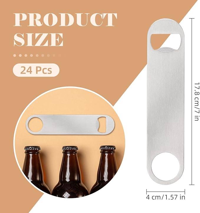 24 Pack Flat Beer Bottle Opener 7 inch Heavy Duty Stainless Steel Flat Bottle Opener Metal Beer Bottle Openers Silver Beer Openers for Bartender Kitchen Bar or Restaurant (Silver, 7 inch)