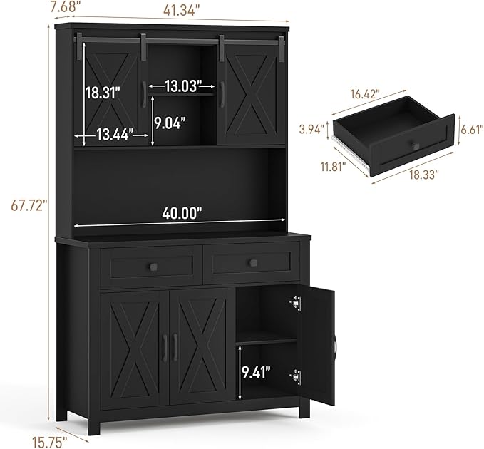 67.7 Inch Farmhouse Pantry Storage Cabinet with Sliding Barn Doors, 2 Drawer Farmhouse Coffee Cabinet with Adjustable Shelf, Side Board with Buffet Cupboard for Livingroom Kitchen, Black