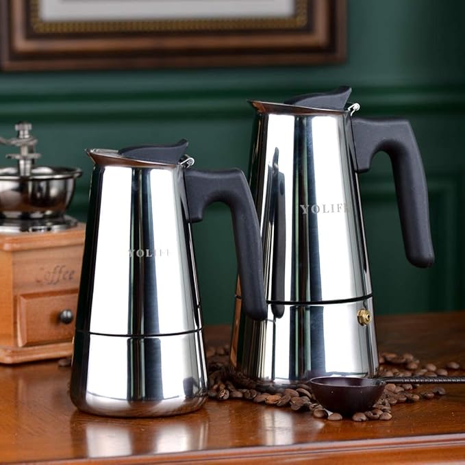 YOLIFE Mini Stovetop Espresso Maker, Induction Small Moka Pot for Italian Coffee, Cappuccino and Latte, Stainless Steel,4 Espresso Cup (1 Cup= 50ml) (200ml / 7oz)