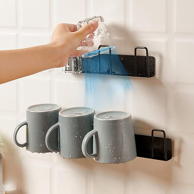 BAIEUEJO 2pcs Mug Hooks Wall-Mounted Mug Holder, Coffee Cups Holder Hanger no Drilling,Mug Rack Hooks with 4 Cup Holders,RV Must Haves Cups Storage Hooks for Kitchen,Living Room,Office (Black)