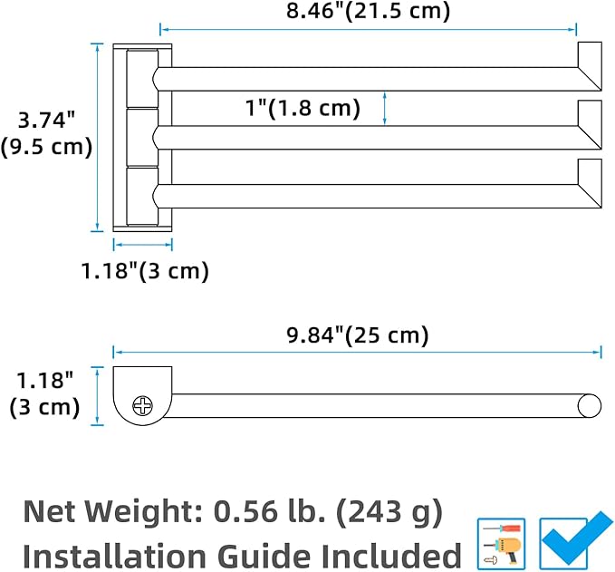 APLusee Swivel Towel Rack for Bathroom Door Wall Mounted, Swivel Towel Bar with 3 Rotating Arms 304 Stainless Steel, Flexible Kitchen Wall Hanging, Brushed Gold