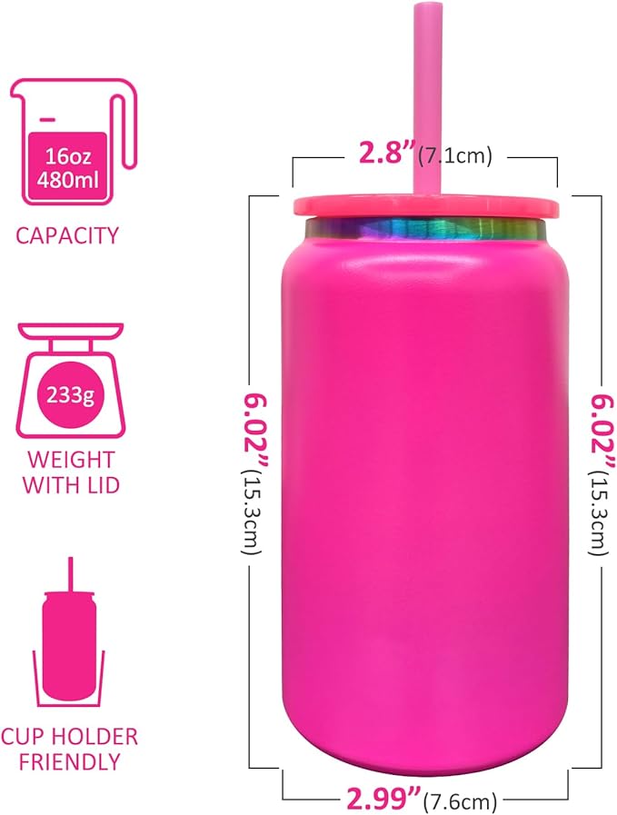 4 Pack Glass Cups with Lids and Straws, 16 oz Stainless Steel Cups, Insulated Skinny Tumbler, Powder Coated Travel Tumblers for Laser Engrave, Iced Coffee Cup for Smoothie Water DIY Gift(Rosy,4 pack)