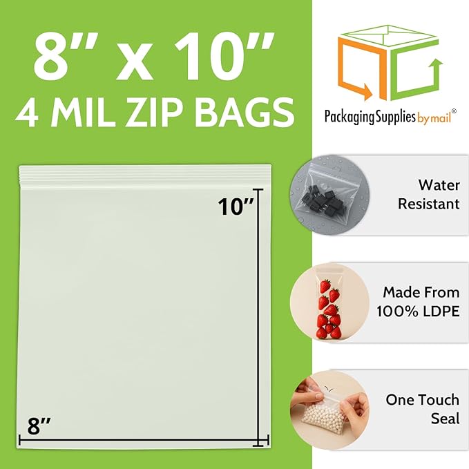 PSBM 1000 Count 4 Mil 8 Inch x 10 Inch, White Block Reclosable Poly Bags, With Write-On Block, Clear Zip Plastic Bag, Lock Seal Zipper For Packing, Storing, Organizing & Shipping Products