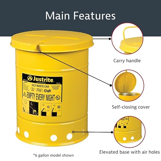 Justrite 6 Gallon Galvanized Steel Oily Waste Can, 16" x 12" Metal Oil Rag Safety Can with Hand Operated Self-Closing Lid for Oil Rag Disposal, Made in The USA, Yellow, 09111