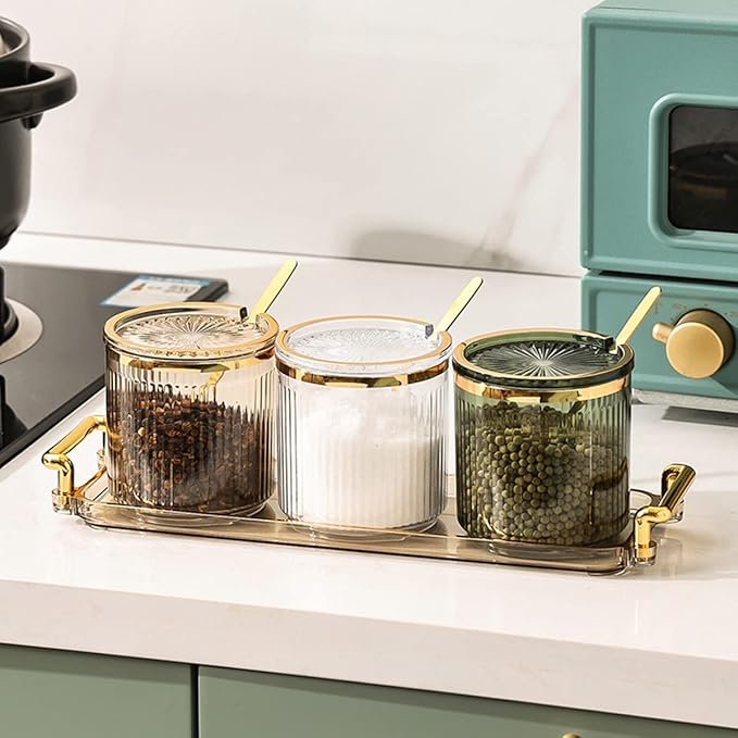Acrylic Condiment Spice Jars,Condiment Spice Box With Lids and Spoons and Tray,Clear Plastic Sugar Salt Canisters,Seasoning Box 3 Pack,Seasoning Box Set for Kitchen to Storage Salt,Paprika,Sugar