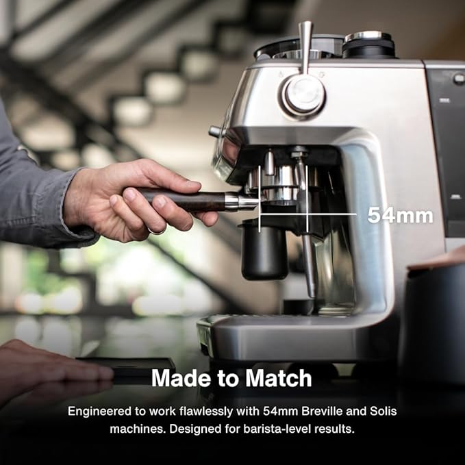 CREMA Coffee Products 54mm Bottomless Naked Portafilter | Compatible with 54mm Breville Machines | Includes Double Shot Filter Basket | Walnut