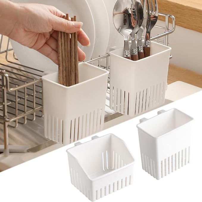 Utensils Holder, Cutlery Drying Rack with Efficient Drain System, Compact Kitchen Drain Basket, Easy to Install Utensil Silverware Storage Holder for Utensil Forks Chopsticks (2PC-White)