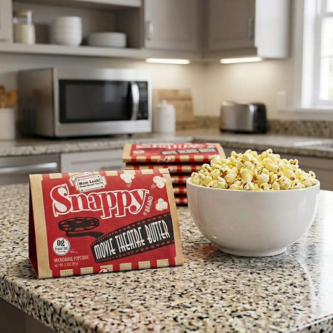 Snappy Movie Theater Butter Microwave Popcorn, 3.5 oz Large Bags, 48 Pack, Non-GMO, Whole Grain
