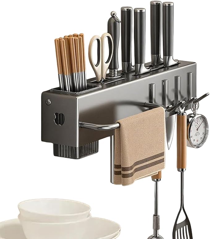 Utensil Holder – Kitchen Wall Organizer | No-Drilling Wall Mount Cutlery Storage Rack With Hooks, Towel Hanger For Spatula, Spoon, Mug & Kitchen Accessories Organization And Space Saving