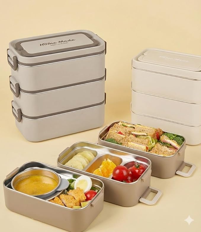 Bento Box Adult Lunch Box, Stackable 3-Layer 304 Stainless Steel for Adults, Office, 3L Capacity, Portable, Soup Bowl, Spoon & Fork, Metal Lunch Box, Tiffin (Beige)