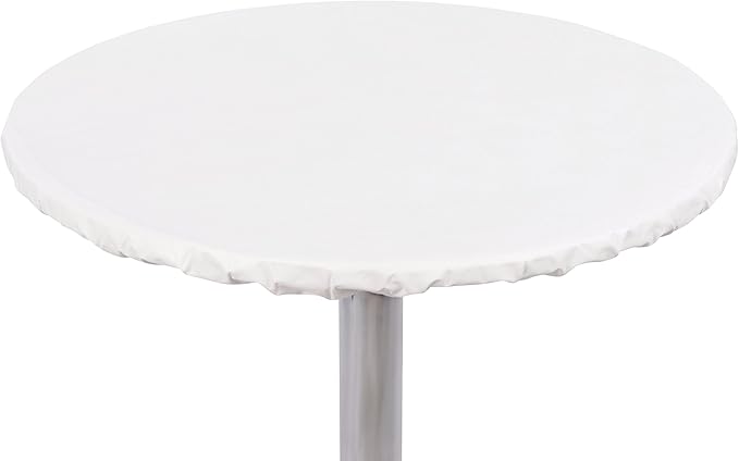 Yourtablecloth Heavy Duty Vinyl Round Fitted Tablecloth (Table Cover) with Flannel Backing Vibrant Colors Elasticized Tablecloth Great for Indoor and Outdoor Dining and Playing Cards 36” White