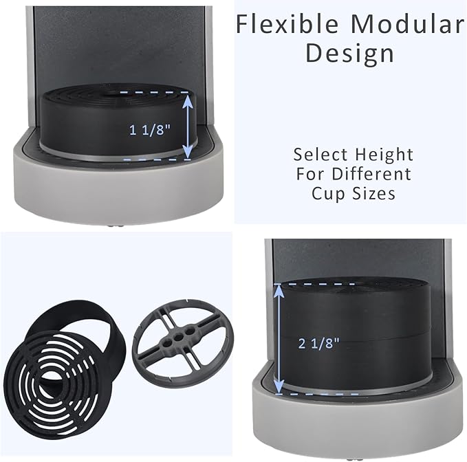 Elevate Anti-Splash Cup Riser Accessory for most Keurig K-cup, Cuisinart Single Serve, and other Coffee Makers, Adjustable for Cup Size and Drip Tray Type (Black with Dark Gray).