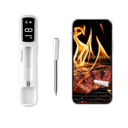 Wireless Meat Thermometer Digital with Clear White LED Display,1000ft Bluetooth 5.4 Meat Thermometer, 4 inches Short Smart Food Thermometer Probe for BBQ, Grill, Rotisserie
