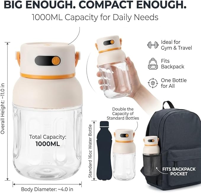 Portable Electric Juicer Cup Personal Size Blender for Smoothies & Shakes 33oz BPA-Free Bottle USB-C Rechargeable Leakproof Travel Lid Powerful Ice Crushing Mini Kitchen Gym Outdoor(2pcs)