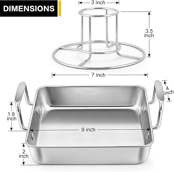 P&P CHEF Beer Can Chicken Holder with Roasting Pan Set, 9-inch Stainless Steel Square Baking Pan and Chicken Rack For Grilling, Heavy Duty & Dishwasher Safe, 2Pcs