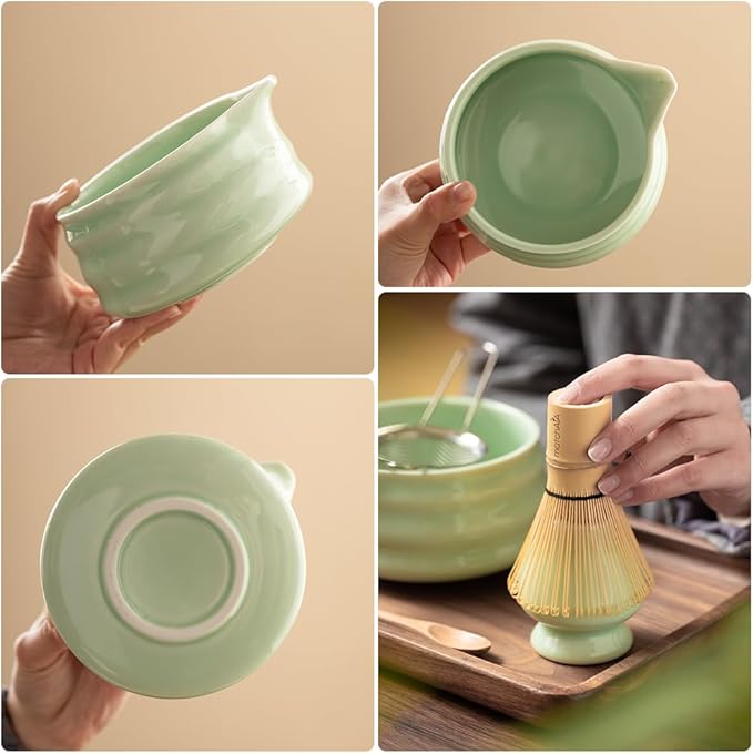 Matcha Whisk Set - Ceramic Bowl, Bamboo Whisk with Holder, Sifter, Schima Spoon, Spoon Rest and Tea Towel - 7 Pcs Complete Kit for Traditional Matcha and Modern Lattes (Green)