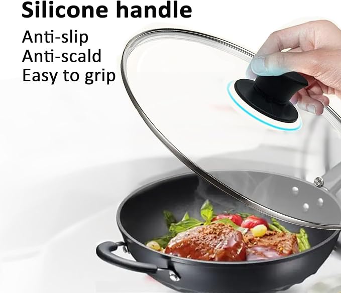 14 Inch Glass Lid For Pots, Pans and Skillets, Clear Glass Lid Replacement with Steam Vent, Stainless Steel Covers, Fit large Frying Pan With Inner dia 14.1-14.4 Inches