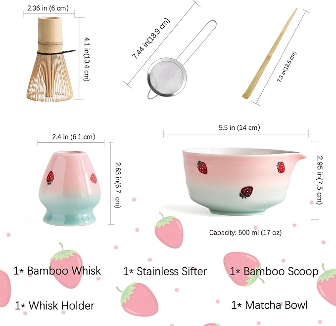 Matcha Whisk Set, Matcha Bowl with Spout, Matcha Whisk and Holder, Bamboo Matcha Scoop and Stainless Sifter,Ceramic Matcha Bowl(Pink Green)