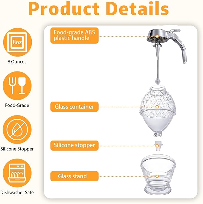 Honey Dispenser - Glass Honey Dispenser No Drip, 8oz Pot with Stand, Maple Syrup Container, Elegant Honeycomb Shaped Jar for Tea Time (general)