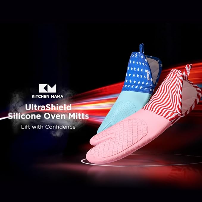 Kitchen Mama UltraShield Silicone Oven Mitts – Heat Resistant, Non-Slip Surface, Durable, Safe, Pot Holders, Flexible Waterproof Glove Set, Perfect for Cooking, Baking, Grilling, BBQ (USA Flag)