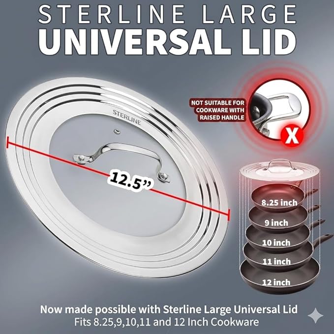 Large Universal Lid,Fits 8 -12 Inch Cookware,Tempered Glass Top with Steam Vent for Pots, Frying Pan,Stainless Steel Replacement Pot Lid for Kitchen Organizing, Space Saving
