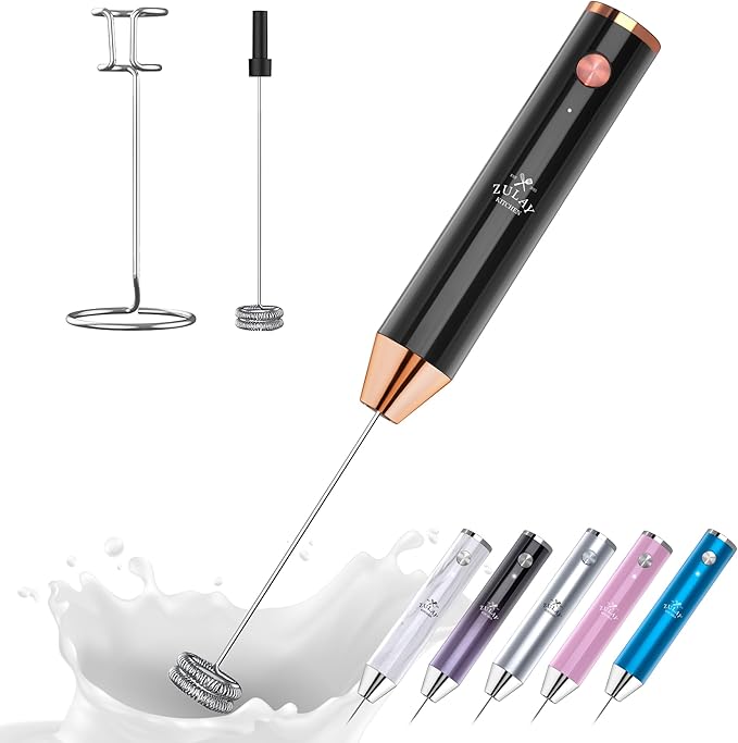 Zulay Kitchen Lux Electric Milk Frother Rechargeable Handheld - Powerful 2-Speed Motor, Waterproof, 2000mAh Battery - Lux Coffee Frother for Protein Powder, Drink Mixer Wand & Matcha Mixer