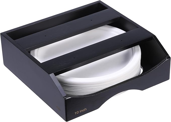 10-inch Paper Plate Dispenser Under Cabinet,Bamboo Paper Plate Holders,Kitchen Counter Vertical Plate Dispensers Holders Countertop Caddy (For 10-inch Plates,Black)