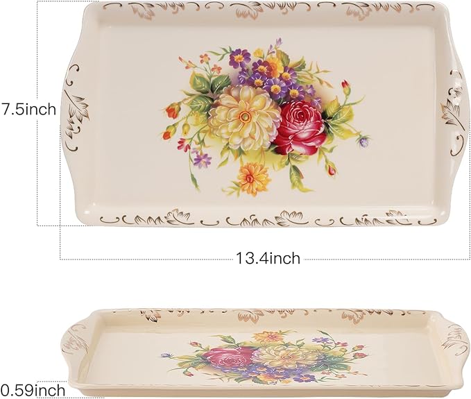 YOLIFE Ceramic Tea Serving Tray, Floral with Gold Leaves Trim Decorative Platter for Tea Party - 13.5 x 7.5 inch