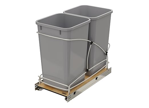 Rev-A-Shelf Steel Bottom Mount Double 27 Quart 6.75 Gallon Waste Bin Trash Container for Under Kitchen Cabinet with Soft Close, Gray, 54WC-1527SC-17-1