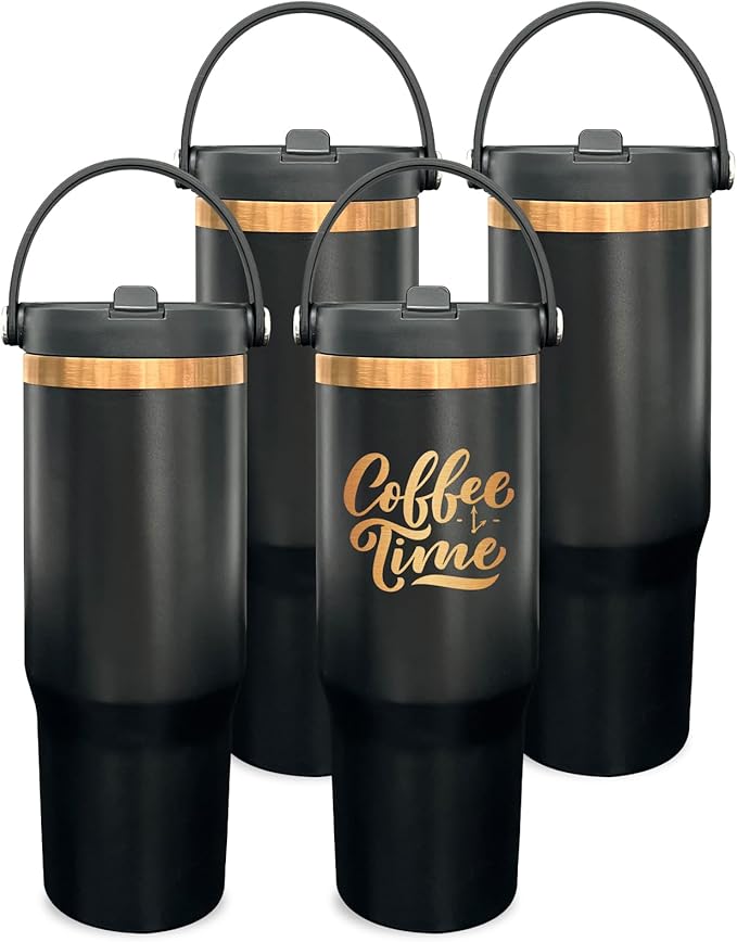30 oz Tumbler Bulk with Handle and Straw, Vacuum Insulated Tumblers with Flip Straw and Top Handle, Leakproof Powder Coated Tumbler, Stainless Steel Travel Mug for Coffee Water (Black, 4 Pack)