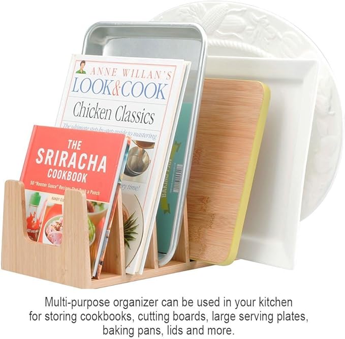 MobileVision Bamboo Pot Lid Holder Organizer for Storage in Cabinets or Kitchen Countertops, 6 Sections